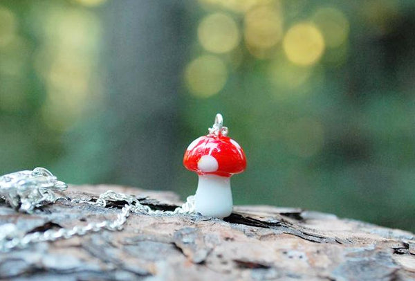 Woodland Forest Mushroom Necklace | Cute Red Glass Toadstool Charm Necklace | Glass Mushroom Jewelry - Enchanted Leaves - Nature Jewelry - Unique Handmade Gifts