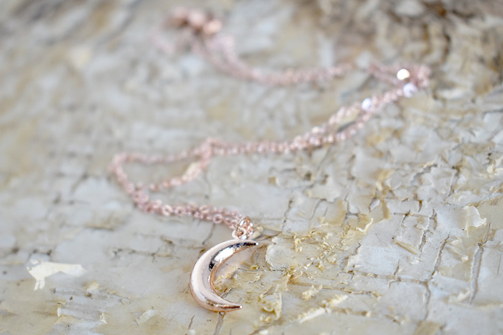 Rose Gold Moon Necklace | Crescent Moon Charm Jewelry | Simple and Elegant Charm Necklace - Enchanted Leaves - Nature Jewelry - Unique Handmade Gifts