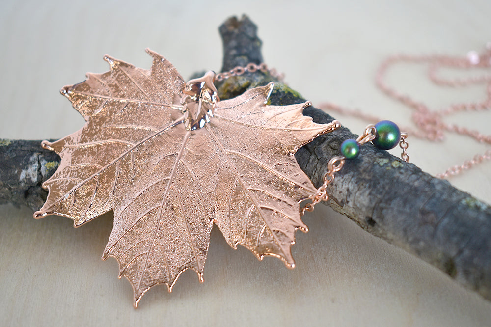 Rose Gold & Copper Large Maple Leaf Necklace | Copper Electroformed Nature - Enchanted Leaves - Nature Jewelry - Unique Handmade Gifts