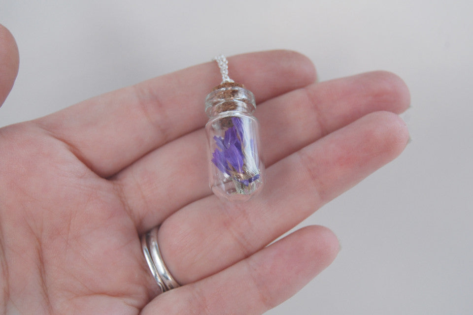 Purple Flowers | Garden Bottle Necklace | Glass Nature Terrarium Necklace | Sea Lavender Flower Art - Enchanted Leaves - Nature Jewelry - Unique Handmade Gifts