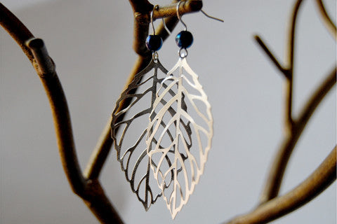 Large Silver Skeleton Leaf Earrings | Leaf Charm Earrings - Enchanted Leaves - Nature Jewelry - Unique Handmade Gifts