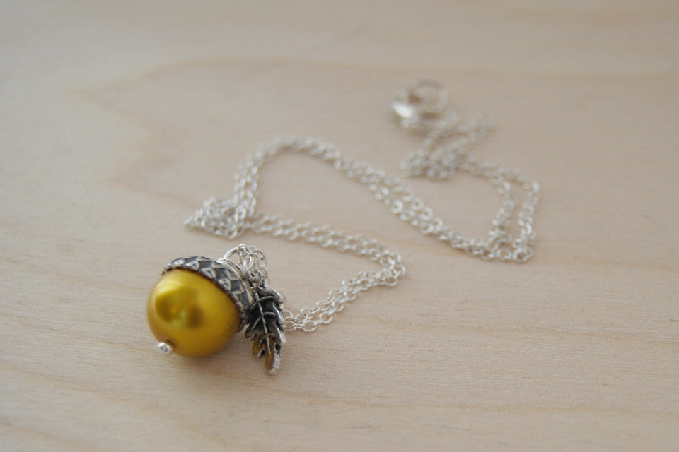 Silver & Golden Pearl Acorn Necklace | Fall Nature Jewelry | Woodland Gold Acorn Charm Necklace - Enchanted Leaves - Nature Jewelry - Unique Handmade Gifts