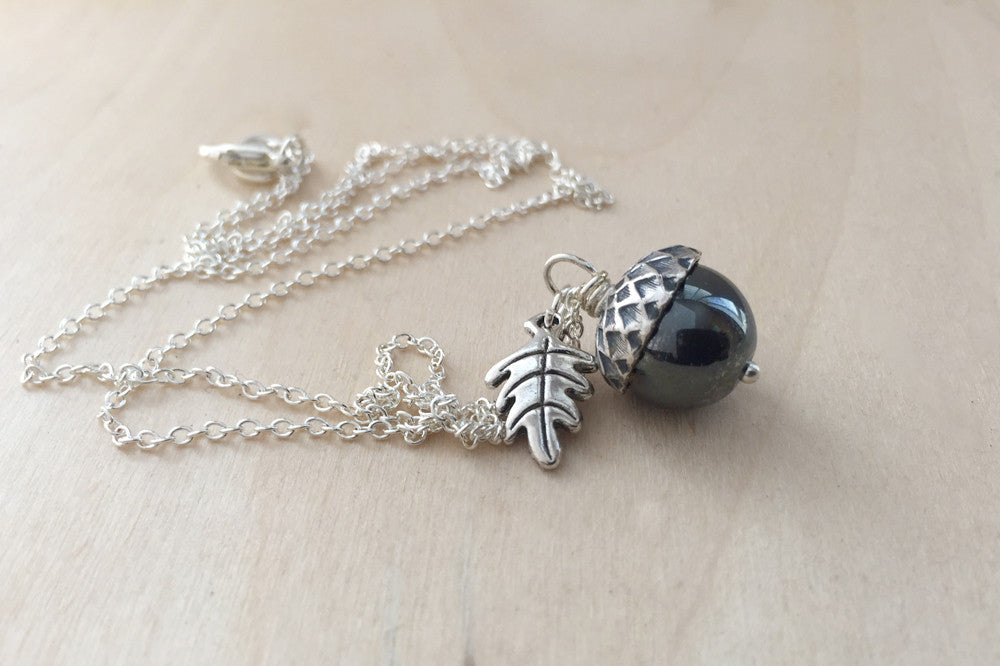 Hematite & Silver Acorn Necklace | Cute Nature Acorn Charm Necklace | Woodland Nature Jewelry Acorn - Enchanted Leaves - Nature Jewelry - Unique Handmade Gifts