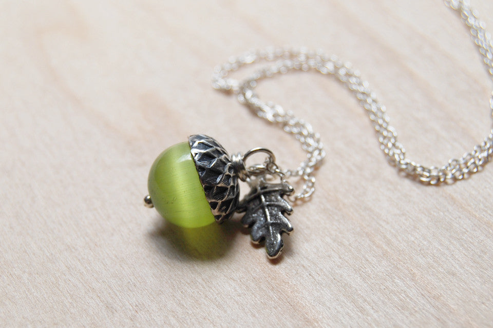 Moss & Silver Acorn Necklace | Nature Jewelry | Green Gemstone Acorn | Fall Acorn Charm Necklace - Enchanted Leaves - Nature Jewelry - Unique Handmade Gifts