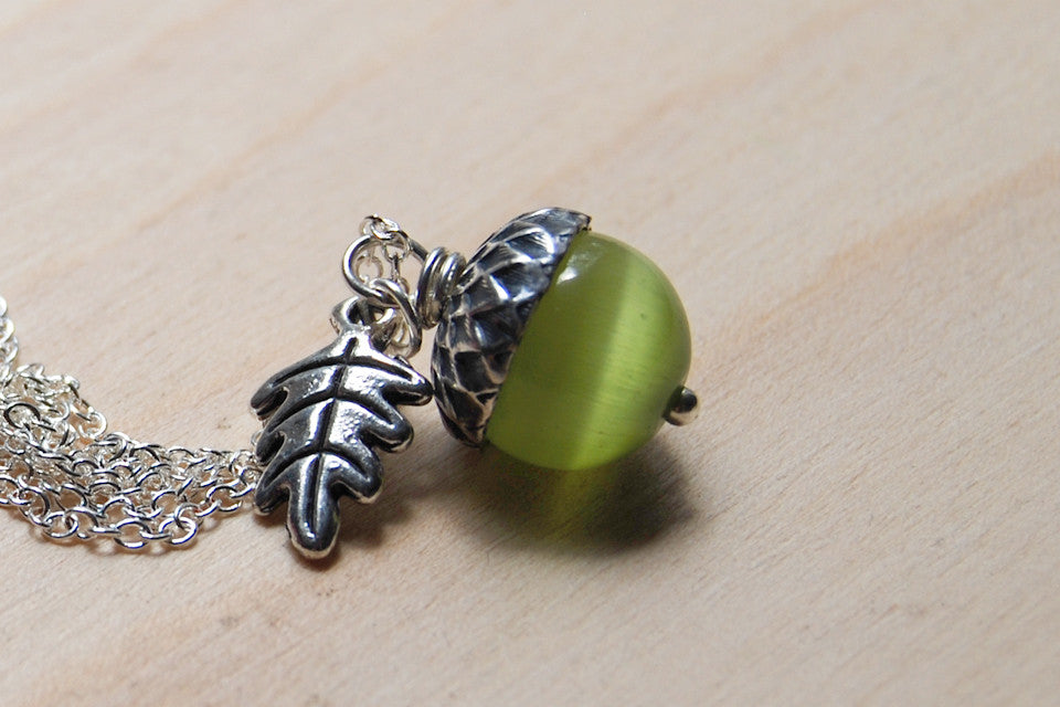 Moss & Silver Acorn Necklace | Nature Jewelry | Green Gemstone Acorn | Fall Acorn Charm Necklace - Enchanted Leaves - Nature Jewelry - Unique Handmade Gifts
