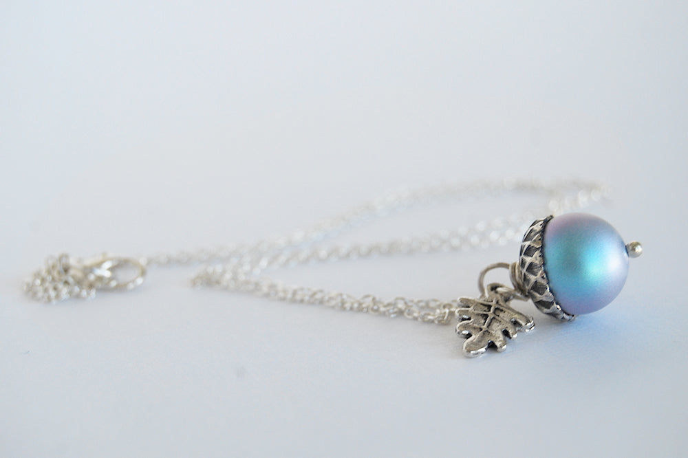 Silver Tide Pool Magic Acorn Necklace | Iridescent Blue Acorn | Something Blue Wedding Necklace - Enchanted Leaves - Nature Jewelry - Unique Handmade Gifts