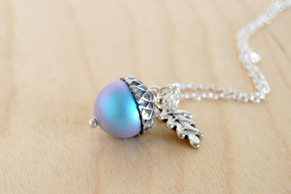 Silver Tide Pool Magic Acorn Necklace | Iridescent Blue Acorn | Something Blue Wedding Necklace - Enchanted Leaves - Nature Jewelry - Unique Handmade Gifts