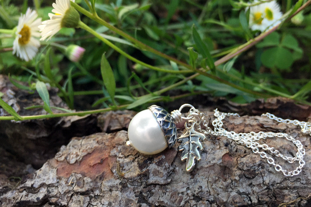 Snow and Silver Pearl Acorn Necklace | Cute Nature Acorn Charm Necklace | Fall Acorn Necklace | Woodland Acorn | Nature Jewelry - Enchanted Leaves - Nature Jewelry - Unique Handmade Gifts