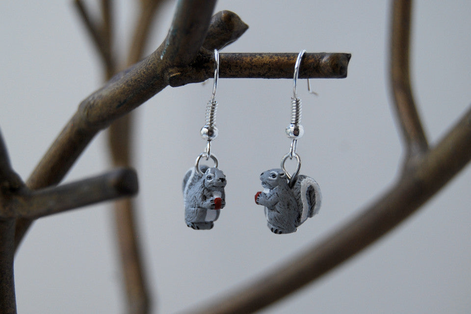 Grey Squirrel Earrings | Cute Squirrel Charm Earrings | Fall Jewelry - Enchanted Leaves - Nature Jewelry - Unique Handmade Gifts