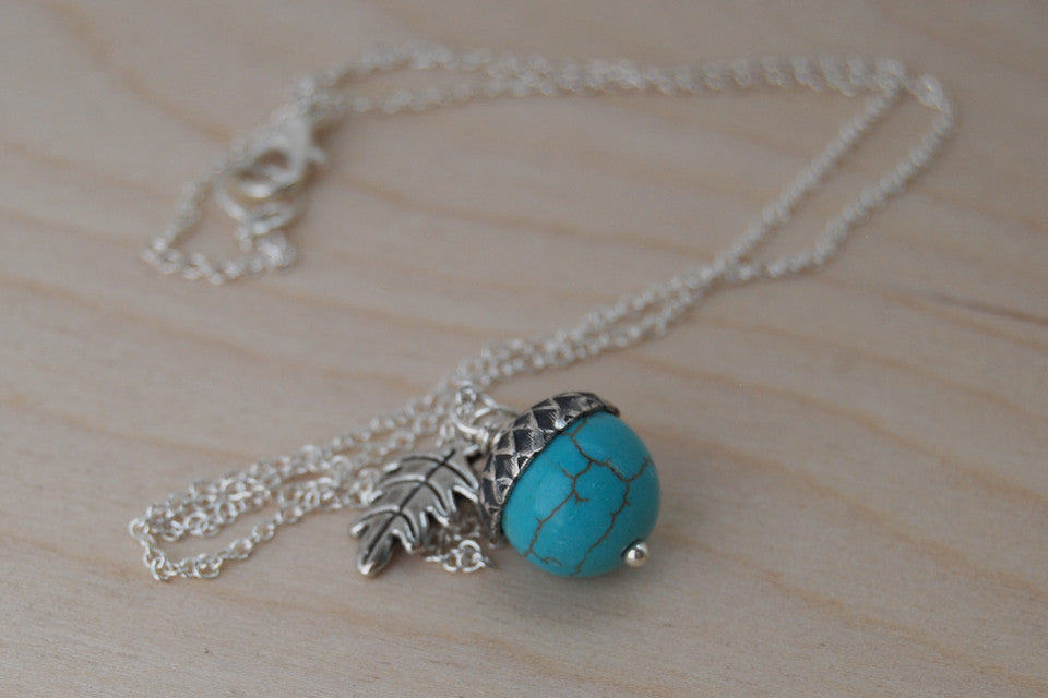 Turquoise and Silver Acorn Necklace - Enchanted Leaves - Nature Jewelry - Unique Handmade Gifts