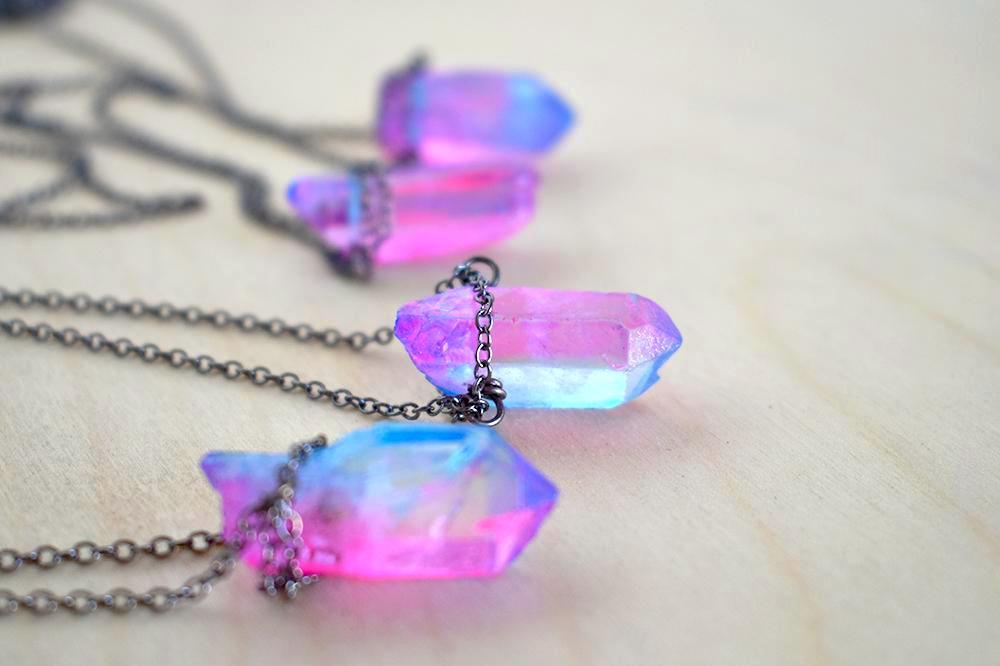 Unicorn Crystal Necklace | Pink and Blue Crystal Necklace | Magical Faerie Quartz Pendant - Enchanted Leaves - Nature Jewelry - Unique Handmade Gifts