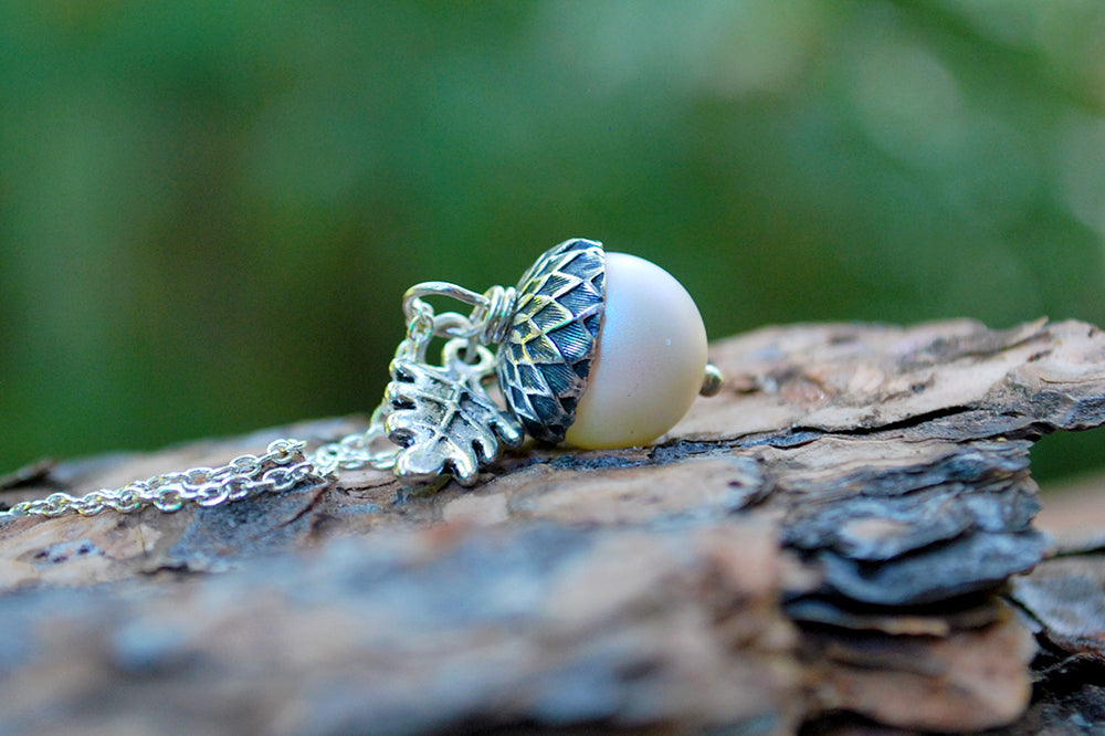Silver Faerie Magic Acorn Necklace | Iridescent White Acorn Pendant | Forest Acorn Nature Jewelry - Enchanted Leaves - Nature Jewelry - Unique Handmade Gifts