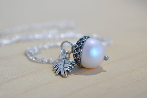 Silver Faerie Magic Acorn Necklace | Iridescent White Acorn Pendant | Forest Acorn Nature Jewelry - Enchanted Leaves - Nature Jewelry - Unique Handmade Gifts