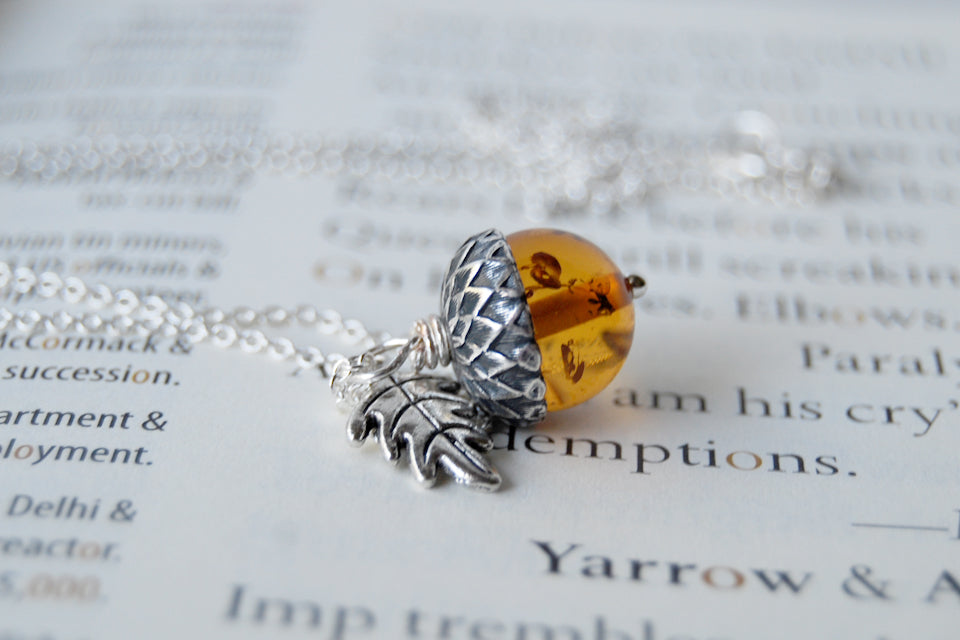Amber and Silver Acorn Necklace | Nature Jewelry | Fall Acorn Charm Necklace - Enchanted Leaves - Nature Jewelry - Unique Handmade Gifts