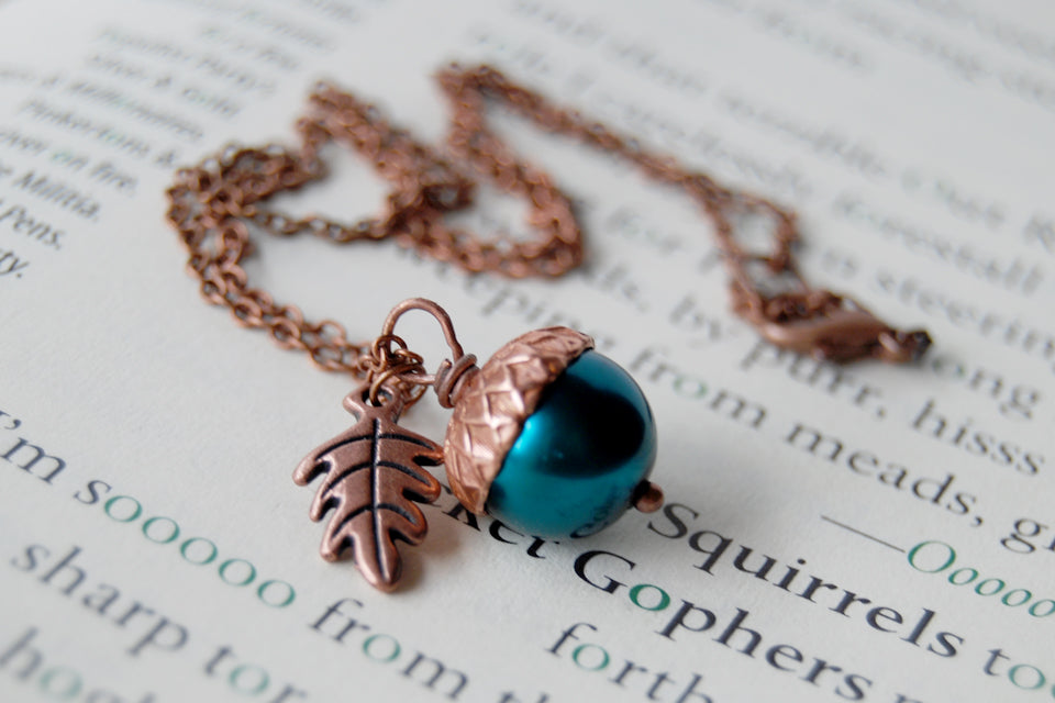 Aqua and Copper Pearl Acorn Necklace | Something Blue Necklace | Woodland Wedding Jewelry - Enchanted Leaves - Nature Jewelry - Unique Handmade Gifts
