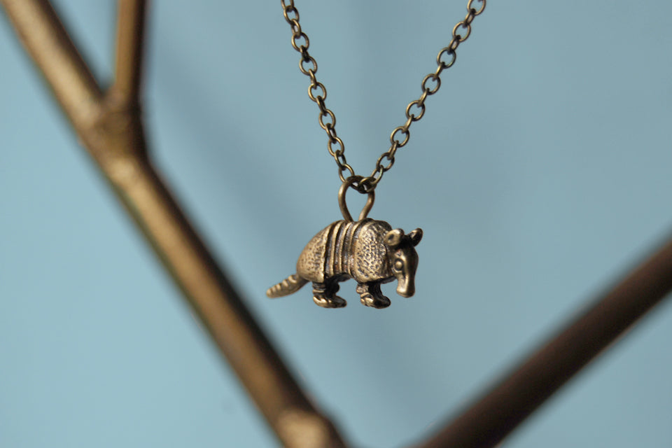 Arnold the Armadillo | Brass Armadillo Charm Necklace | Cute Armadillo Pendant - Enchanted Leaves - Nature Jewelry - Unique Handmade Gifts
