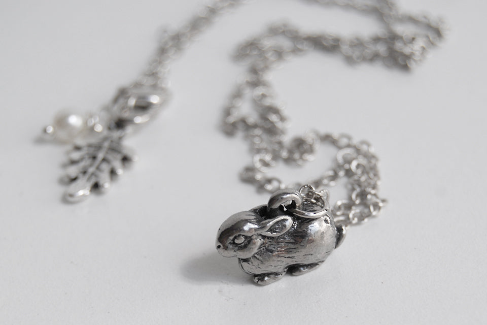 Baby Bunny Necklace | Cute Rabbit Charm Necklace | Dark Silver Rabbit Necklace | Woodland Animal Jewelry - Enchanted Leaves - Nature Jewelry - Unique Handmade Gifts