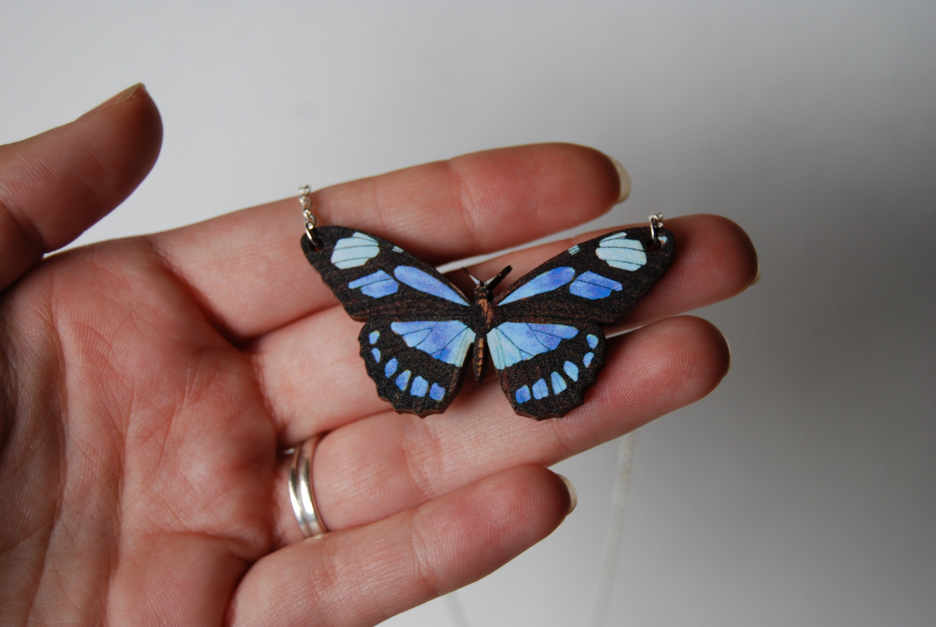 Blue Longwing Butterfly Necklace | Wooden Butterfly Pendant | Woodland Insect Butterfly Art Jewelry - Enchanted Leaves - Nature Jewelry - Unique Handmade Gifts