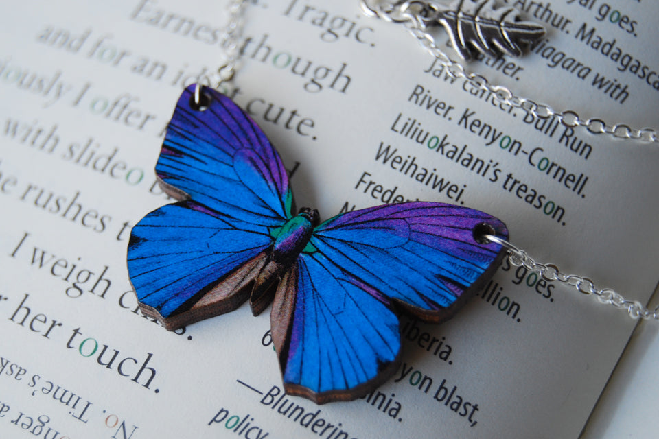 Blue Morpho Butterfly Necklace | Magical Butterfly Pendant | Butterfly Jewelry - Enchanted Leaves - Nature Jewelry - Unique Handmade Gifts