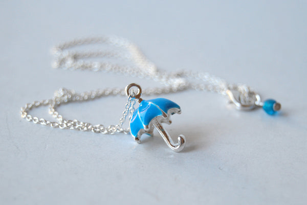 Let the Rain Come | Blue Umbrella Charm Necklace | Cute Umbrella Necklace - Enchanted Leaves - Nature Jewelry - Unique Handmade Gifts