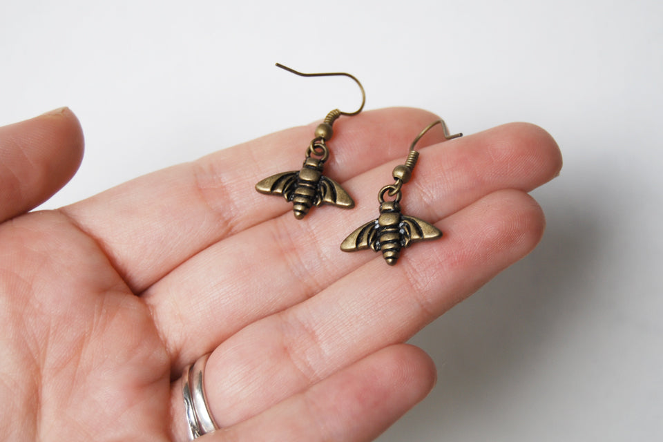 Brass Bee Earrings | Bee Charm Jewelry | Woodland Earrings - Enchanted Leaves - Nature Jewelry - Unique Handmade Gifts