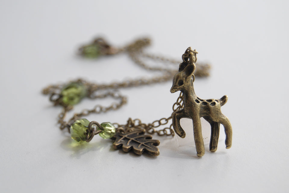 Little Brass Deer Necklace | Forest Deer Charm Necklace | Woodland Deer Pendant - Enchanted Leaves - Nature Jewelry - Unique Handmade Gifts