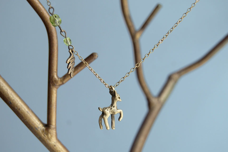 Little Brass Deer Necklace | Forest Deer Charm Necklace | Woodland Deer Pendant - Enchanted Leaves - Nature Jewelry - Unique Handmade Gifts