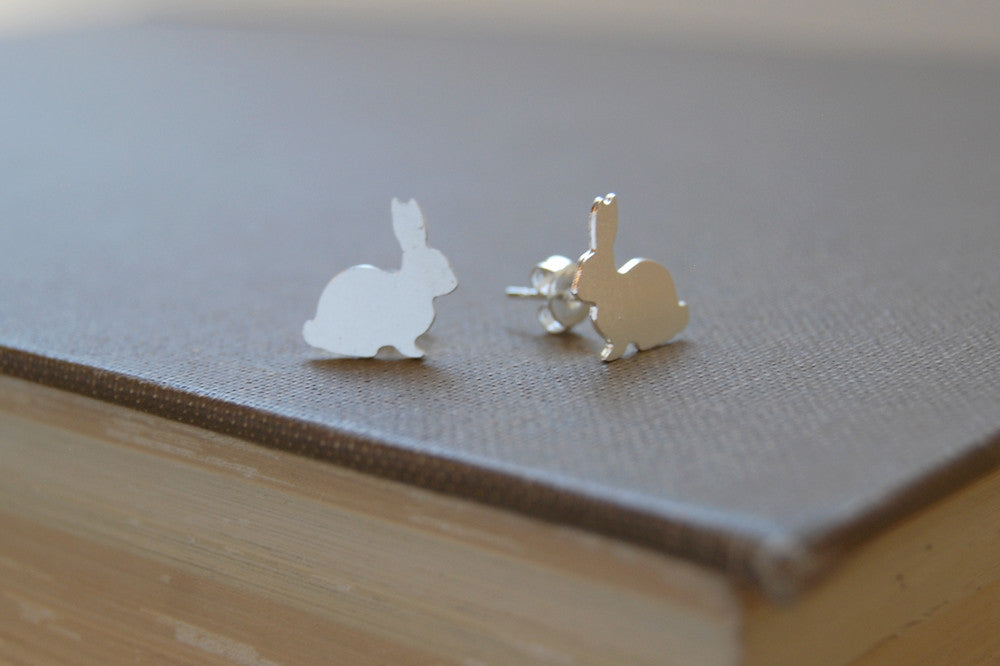 Silver Rabbit Stud Earrings | Woodland Bunny Jewelry | Forest Bunny Earrings - Enchanted Leaves - Nature Jewelry - Unique Handmade Gifts