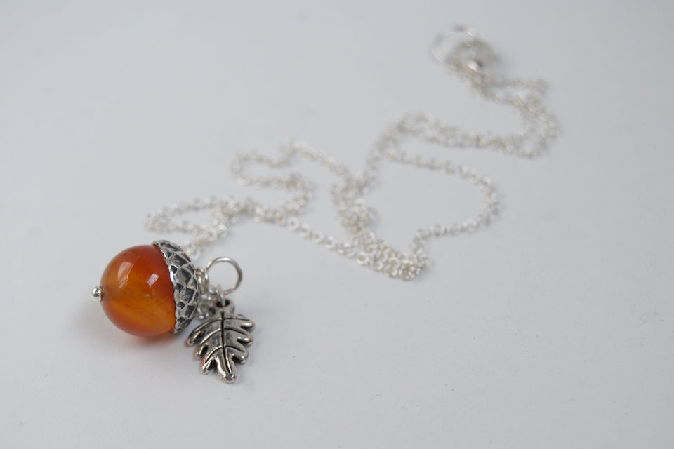 Carnelian and Silver Acorn Necklace | Gemstone Acorn Charm Necklace | Cute Autumn Necklace | Nature Jewelry - Enchanted Leaves - Nature Jewelry - Unique Handmade Gifts