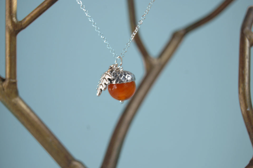 Carnelian and Silver Acorn Necklace | Gemstone Acorn Charm Necklace | Cute Autumn Necklace | Nature Jewelry - Enchanted Leaves - Nature Jewelry - Unique Handmade Gifts