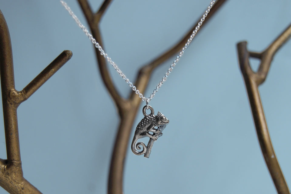 Chameleon Necklace | Cute Chameleon Charm Jewelry | Silver Chameleon - Enchanted Leaves - Nature Jewelry - Unique Handmade Gifts