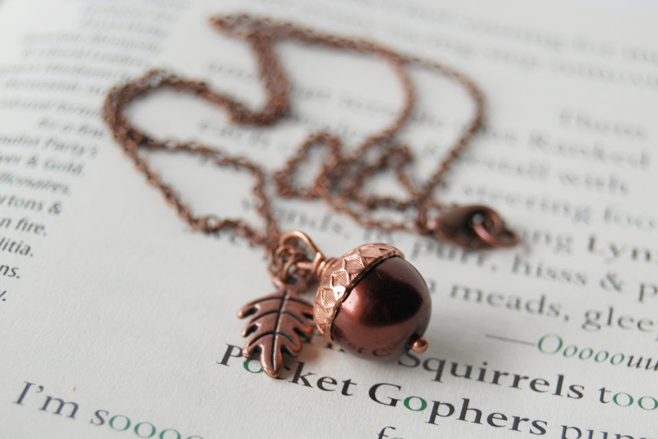 Chocolate and Copper Pearl Acorn Necklace | Gemstone Acorn Charm Necklace | Cute Autumn Necklace | Nature Jewelry - Enchanted Leaves - Nature Jewelry - Unique Handmade Gifts