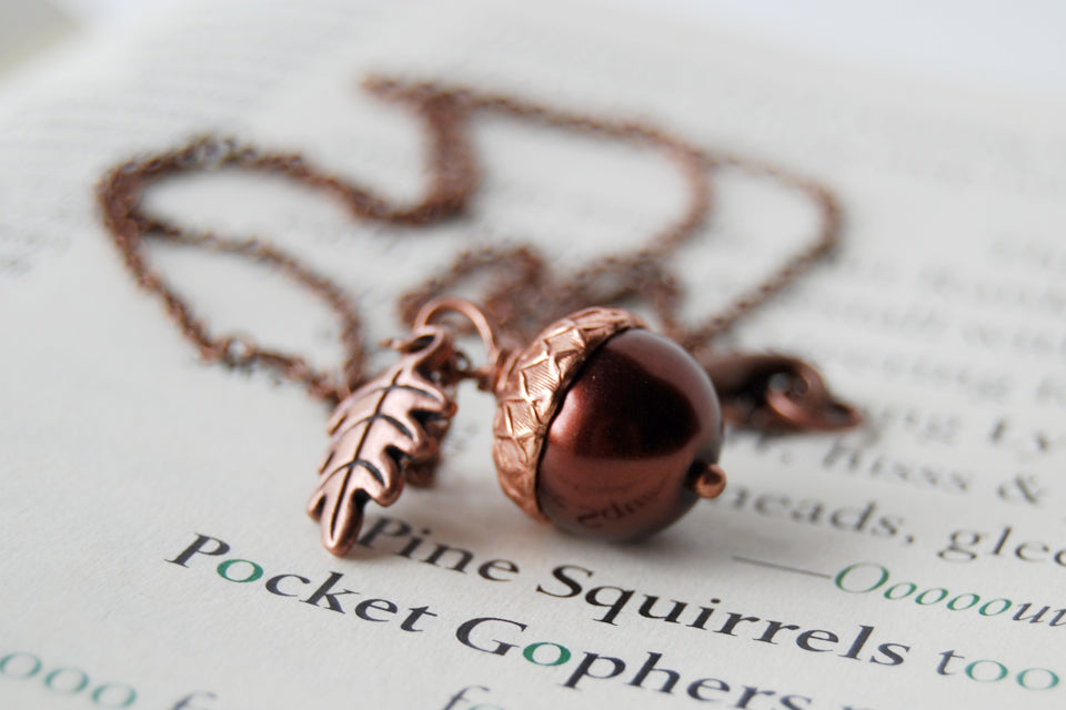 Chocolate and Copper Pearl Acorn Necklace | Gemstone Acorn Charm Necklace | Cute Autumn Necklace | Nature Jewelry - Enchanted Leaves - Nature Jewelry - Unique Handmade Gifts