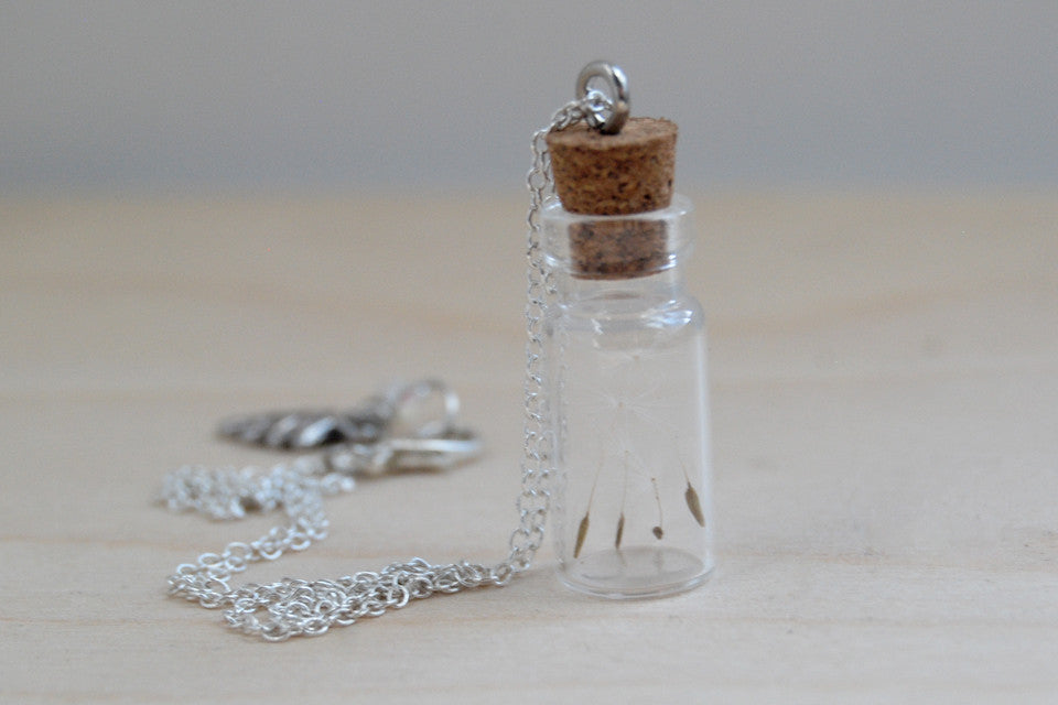 Four Wishes | Dandelion Wish Bottle Necklace | Whimsical Dandelion Terrarium Necklace - Enchanted Leaves - Nature Jewelry - Unique Handmade Gifts