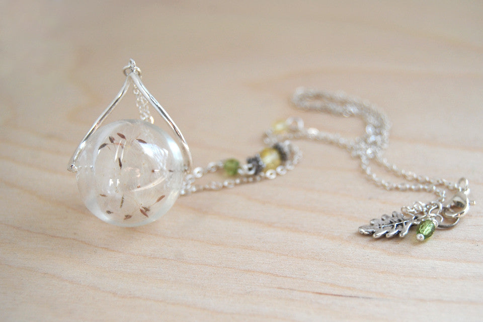 Dandelion Wish Orb Necklace | Large Glass Dandelion Necklace | Real Dandelion Wishes Pendant | Whimsical Gift - Enchanted Leaves - Nature Jewelry - Unique Handmade Gifts