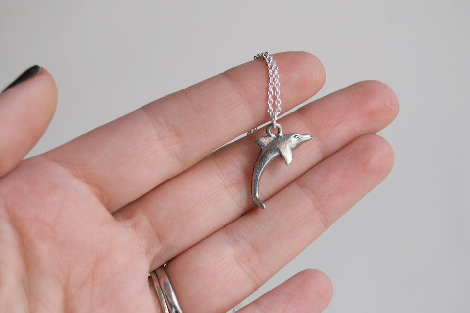 Dolphin Necklace | Silver Dolphin Charm Necklace | Cute Dolphin Pendant - Enchanted Leaves - Nature Jewelry - Unique Handmade Gifts