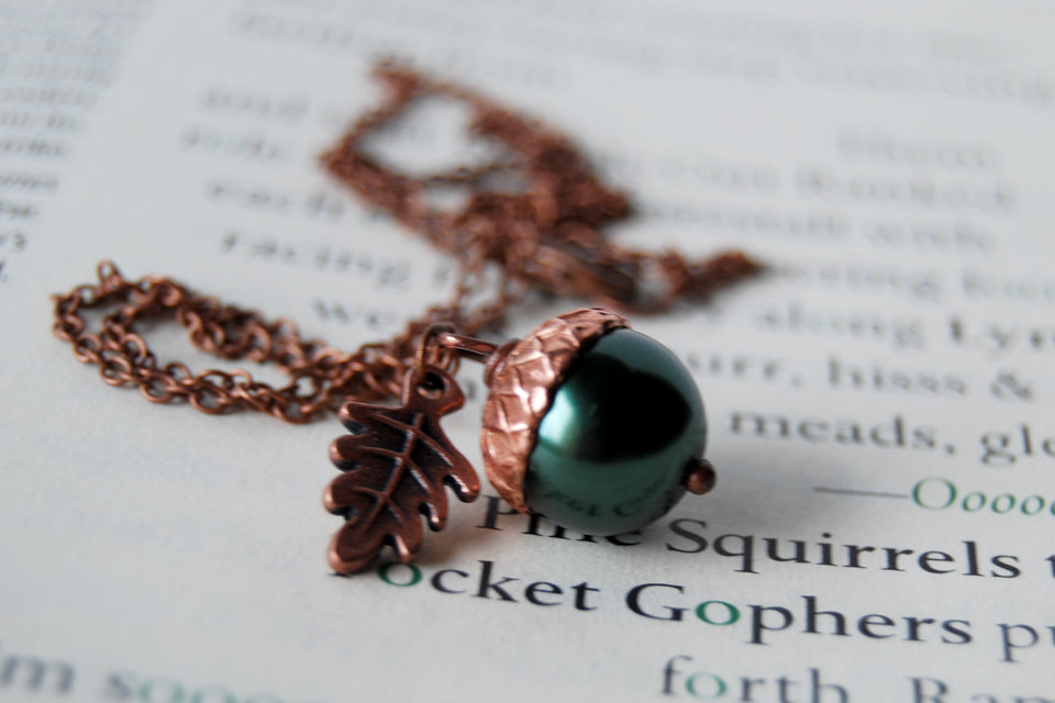 Forest & Copper Acorn Necklace | Nature Jewelry | Woodland Pearl Acorn | Fall Acorn Charm Necklace - Enchanted Leaves - Nature Jewelry - Unique Handmade Gifts