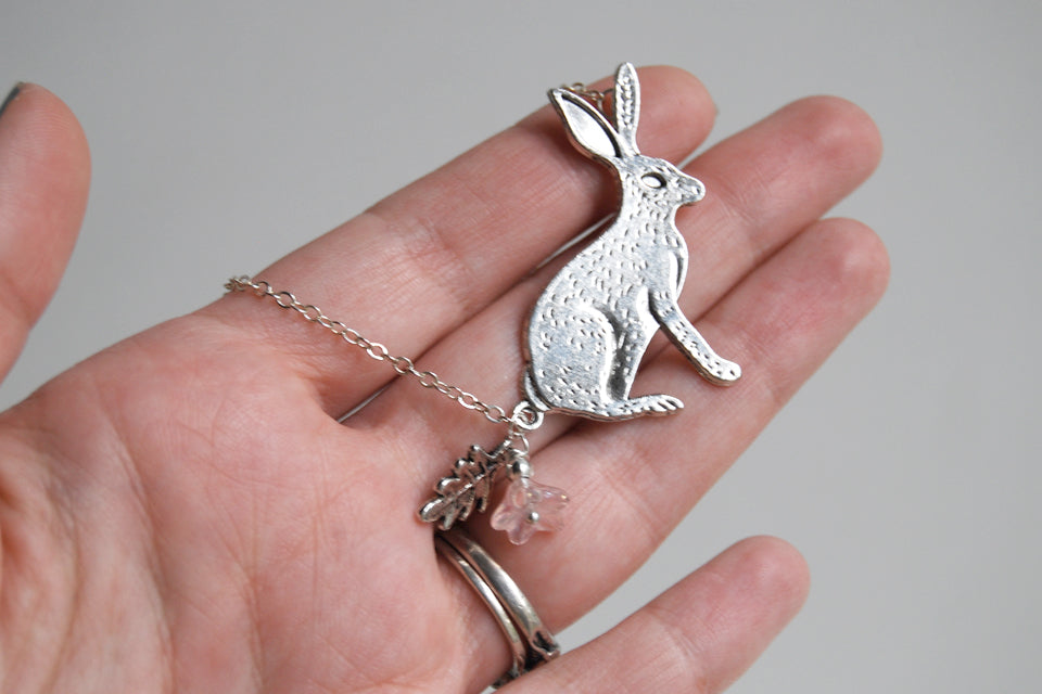 Forest Rabbit Necklace | Large Silver Rabbit Pendant | Cute Bunny Necklace - Enchanted Leaves - Nature Jewelry - Unique Handmade Gifts