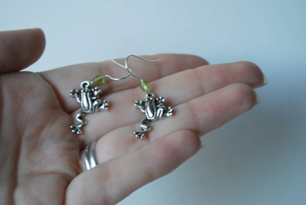 Silver Frog Earrings | Frog Charm Earrings | Cute Frog Jewelry - Enchanted Leaves - Nature Jewelry - Unique Handmade Gifts