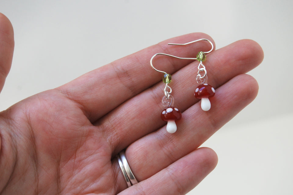 Tiny Glass Mushroom Earrings - Enchanted Leaves - Nature Jewelry - Unique Handmade Gifts