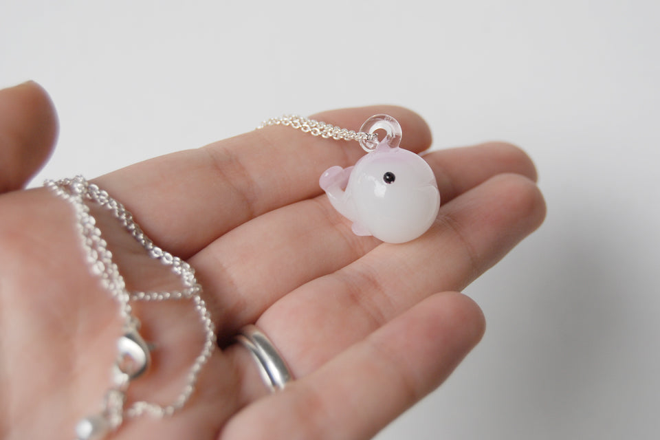 Polly the Plump Pink Whale | Glass Whale Charm Necklace - Enchanted Leaves - Nature Jewelry - Unique Handmade Gifts