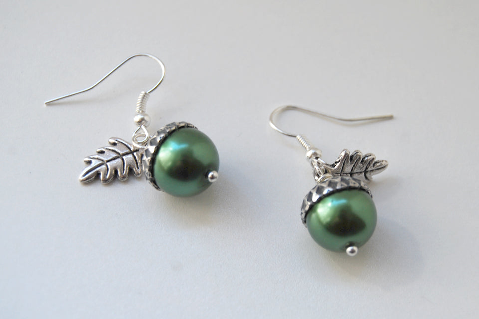 Silver Acorn Earrings | Pearl or Gemstone Acorn Charm Earrings | Fall Acorn Earrings - Enchanted Leaves - Nature Jewelry - Unique Handmade Gifts