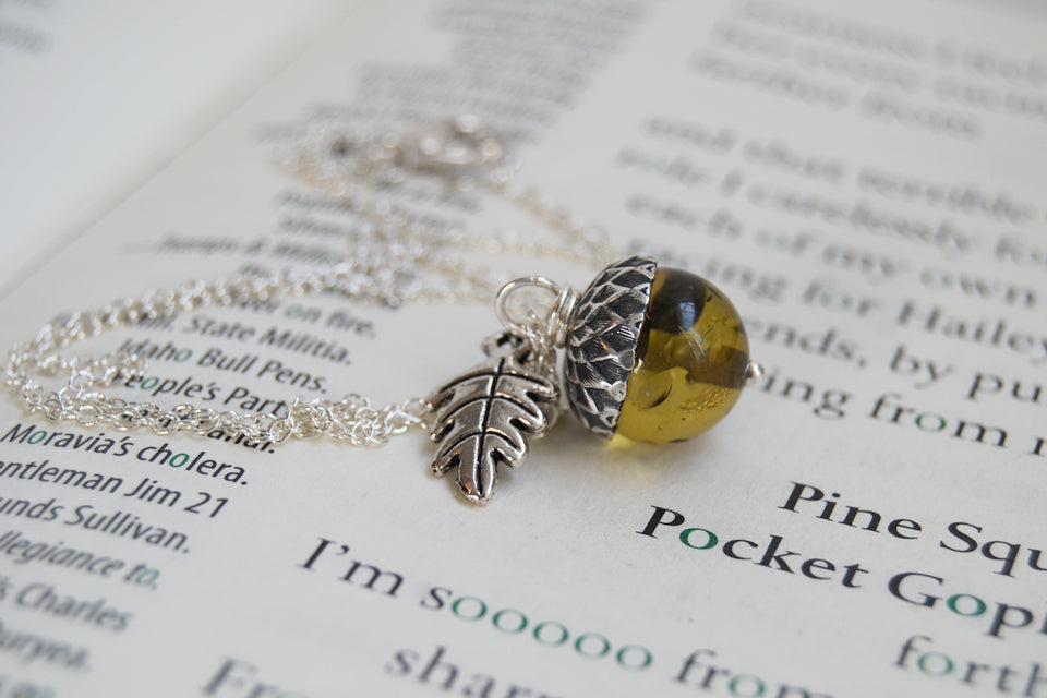 Green Amber and Silver Acorn Necklace | Cute Nature Acorn Charm Necklace | Green Amber Acorn Necklace | Woodland Acorn | Nature Jewelry - Enchanted Leaves - Nature Jewelry - Unique Handmade Gifts