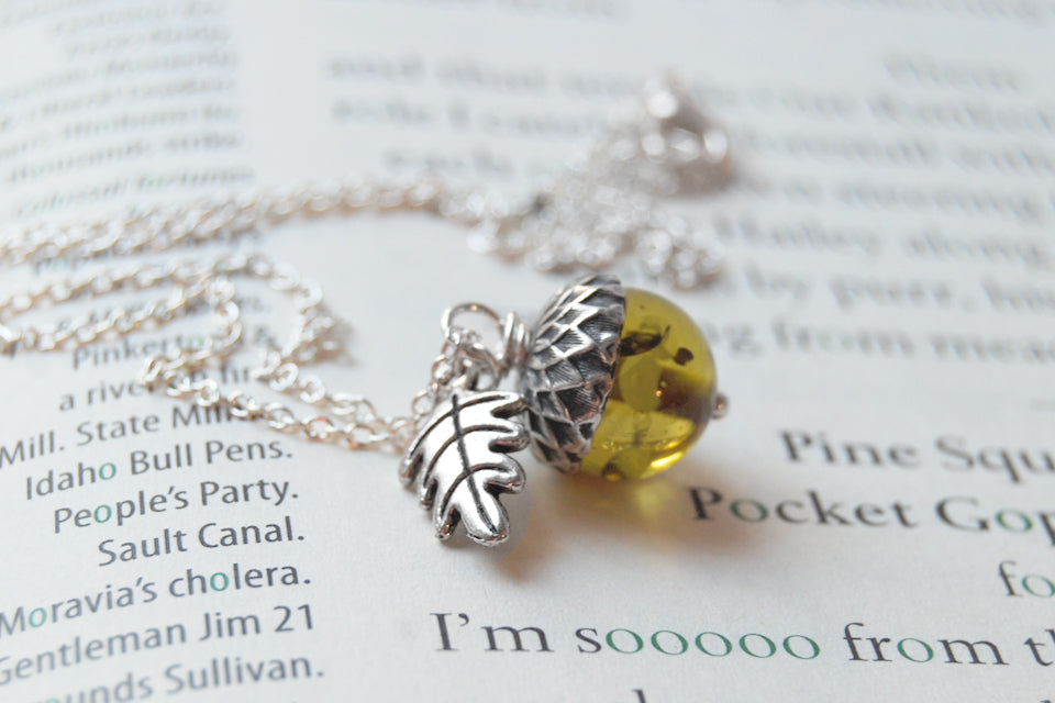 Green Amber and Silver Acorn Necklace | Cute Nature Acorn Charm Necklace | Green Amber Acorn Necklace | Woodland Acorn | Nature Jewelry - Enchanted Leaves - Nature Jewelry - Unique Handmade Gifts