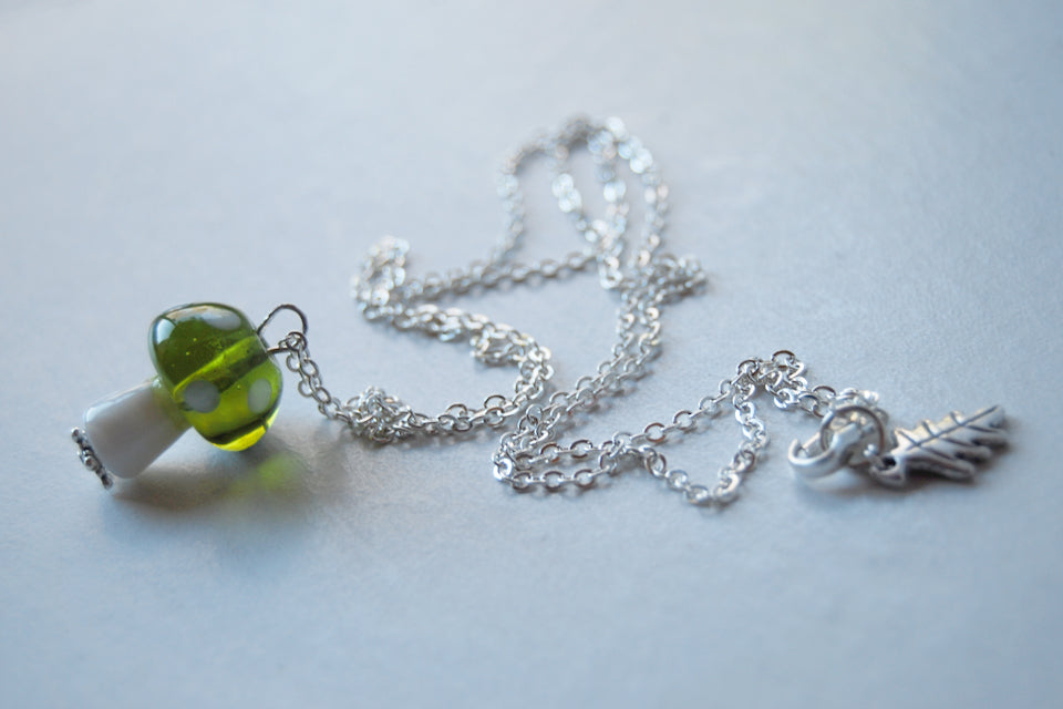 Green 1Up Mushroom Necklace | Green Glass Toadstool Necklace | Glass Mushroom Pendant - Enchanted Leaves - Nature Jewelry - Unique Handmade Gifts