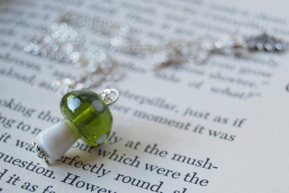 Green 1Up Mushroom Necklace | Green Glass Toadstool Necklace | Glass Mushroom Pendant - Enchanted Leaves - Nature Jewelry - Unique Handmade Gifts