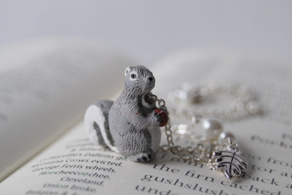 Grey Squirrel Necklace | Cute Squirrel Charm Necklace | Fall Jewelry - Enchanted Leaves - Nature Jewelry - Unique Handmade Gifts