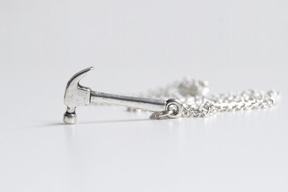 Little Hammer Necklace | Silver Hammer Charm Necklace | Tool Pendant - Enchanted Leaves - Nature Jewelry - Unique Handmade Gifts