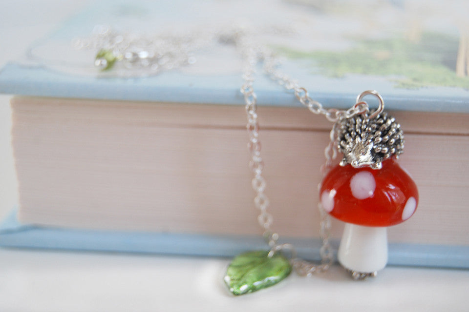 Hedgehog on a Mushroom Necklace | Cute Woodland Forest Hedgehog Necklace | Glass Toadstool Necklace - Enchanted Leaves - Nature Jewelry - Unique Handmade Gifts