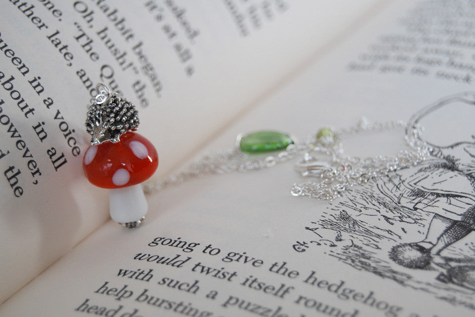 Hedgehog on a Mushroom Necklace | Cute Woodland Forest Hedgehog Necklace | Glass Toadstool Necklace - Enchanted Leaves - Nature Jewelry - Unique Handmade Gifts